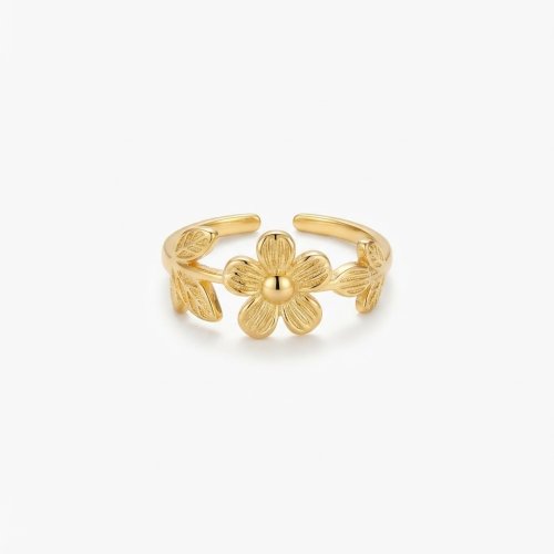 Anillo flor hojas dorado
